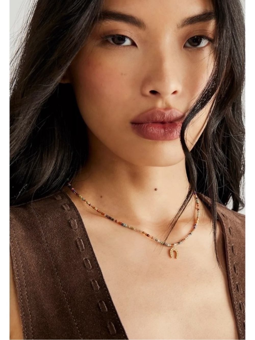 Free People Tai Handmade Beaded Necklace Horseshoe Charm Gold Plated Brass NEW